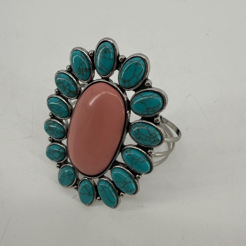 The Mirabelle Stone Concho Cuff Bracelet Silver Tone Pink Turquoise Southwestern - Picture 4 of 6